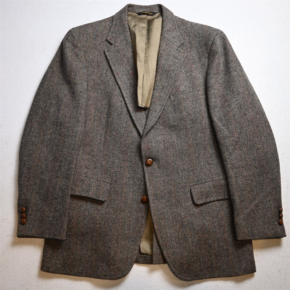 Vtg USA 40S Tan Brown 100% Wool Herringbone Tweed Half Lined Blazer Sport Coat